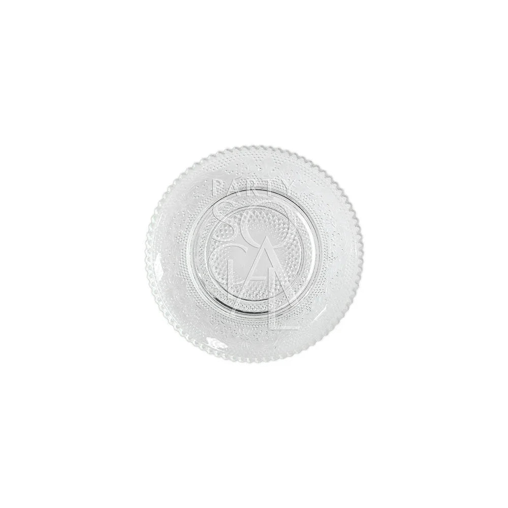 Vintage clear glass plate with scalloped edge, featuring an etched design, ideal for elegant table settings at events. Available in various sizes for different occasions.