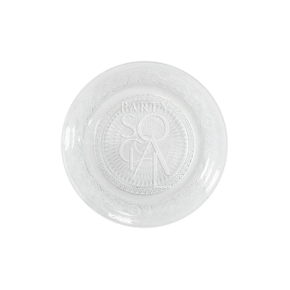 Vintage clear glass plate with etched design, suitable for elegant table settings. Perfect for parties and events, available in various sizes from Party Social.