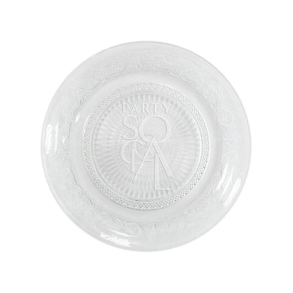 Vintage clear glass plate featuring an etched logo, ideal for enhancing any table setting at events and special occasions.