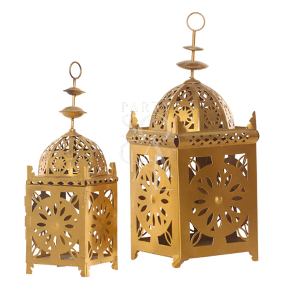 VINTAGE ARABIC LANTERN GOLD, featuring intricate design, ideal for weddings or home decor, available in two sizes. Perfect for enhancing any event setting.