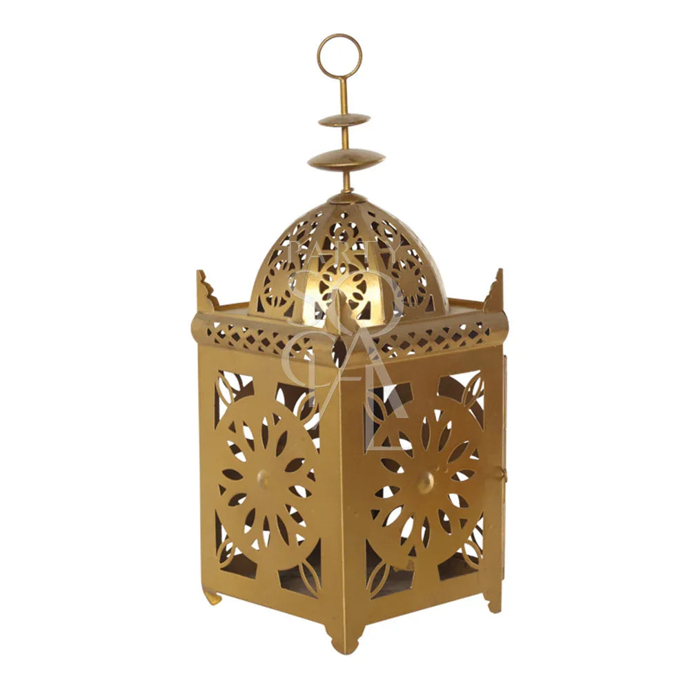 VINTAGE ARABIC LANTERN GOLD with a round top, ideal for weddings or home decor. Available in two sizes for versatile event styling.