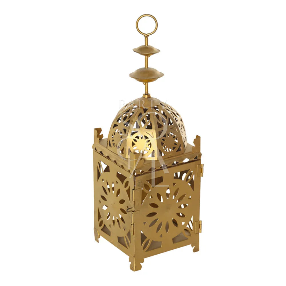 VINTAGE ARABIC LANTERN GOLD with a decorative round top, ideal for enhancing wedding or home decor. Available in two sizes from Party Social.
