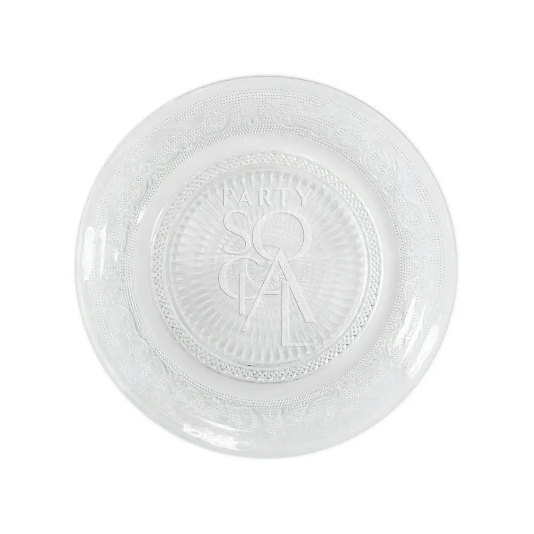 Vintage Clear Glass Plate featuring a sunburst center and embossed rim, ideal for elegant gatherings. Perfect for serving appetizers or desserts at stylish events.