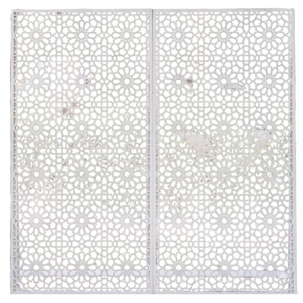 WHITE ARABESQUE decorative folding screen featuring a laser-cut geometric/floral lattice pattern, perfect for themed events and weddings by Party Social.