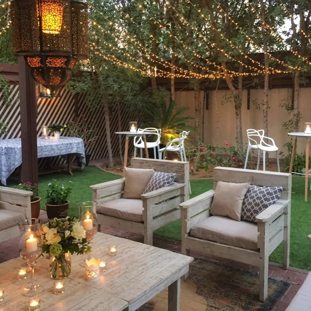 WHITE WOOD ARMCHAIR in lantern-lit garden setup, featuring wide-slat backrest, neutral cushions, ideal for elegant events with matching tables and fairy lights overhead.