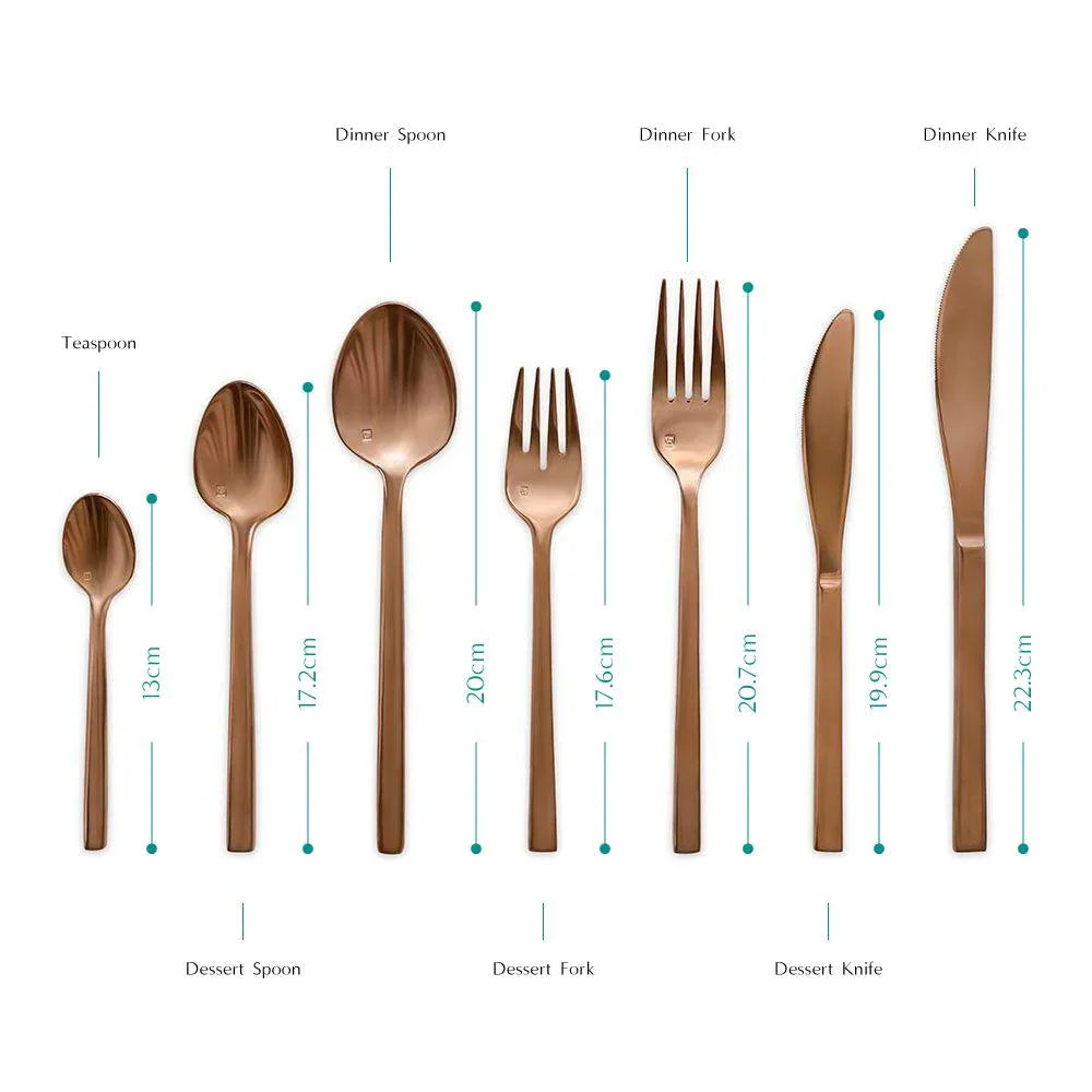 CUTLERY ROSE GOLD set featuring elegant spoons and forks to elevate any tablescape, perfect for stylish events and occasions, available for individual purchase.