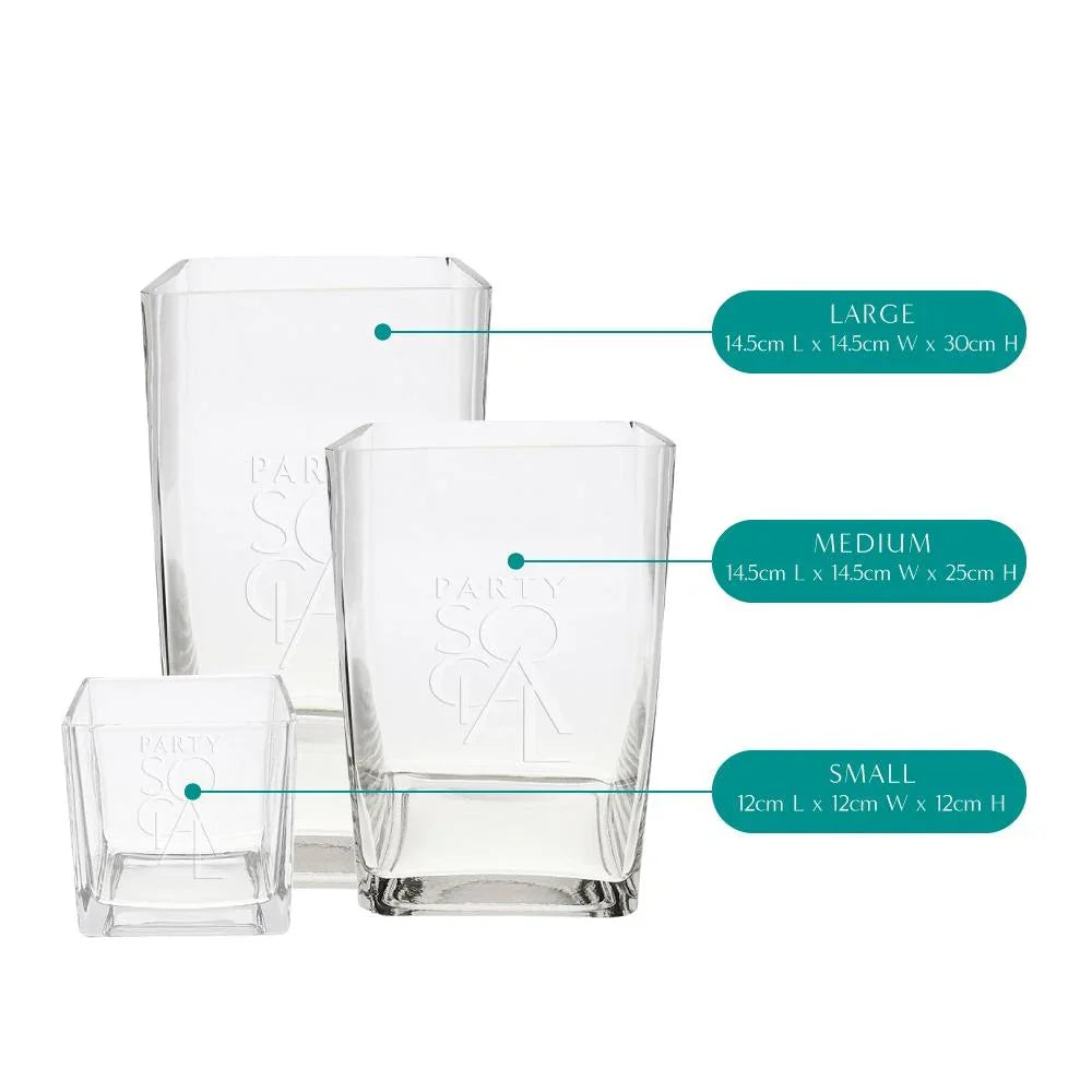 Square glass vases for home or event decor, ideal for flowers or candles. Timeless design complements any table setting. Candles not included.