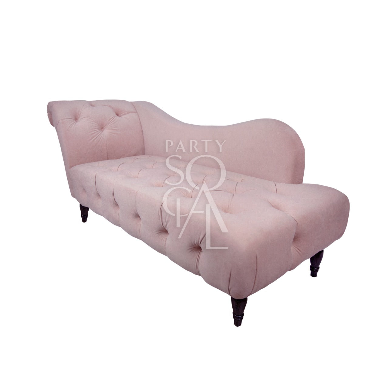 KOSHA BLUSH PINK VELVET SOFA with wooden tapered legs, featuring modern style velvet upholstery and button details, ideal for lounge seating.