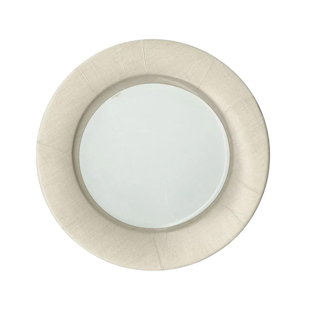 Linen Border Paper Dinner Plates - 8 Per Package by Caspari at Party Social: Elegant white plate with a circular design, mimicking fine porcelain. Perfect for parties, weddings, and special occasions. Made in the USA from high-quality paperboard.