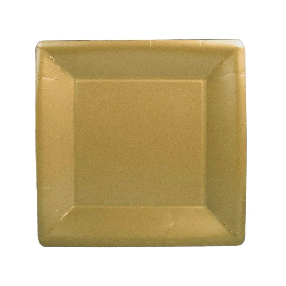 A square paper plate with a crack in the middle, part of the Solid Square Paper Salad & Dessert Plates in Gold - 8 Per Package by Caspari. Ideal for elegant dining occasions. From Party Social.