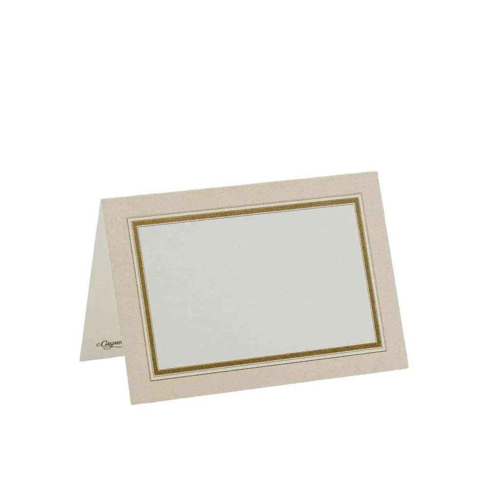 Gold Border Place Cards - 10 Per Package by Party Social. Elegant white rectangular cards with a gold border, perfect for table settings and labeling at events. Quality cardstock with eye-catching die-cut design.