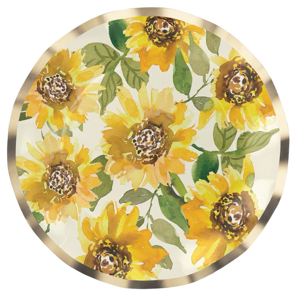 Sunflower Paper Salad &amp; Dessert Plate featuring a ruffled foil edge, showcasing a vibrant sunflower on an off-white background. Elevate your event with elegance.