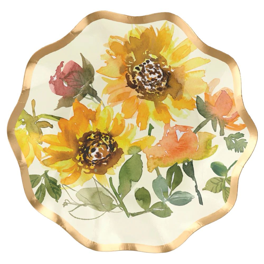 Sunflower paper appetizer &amp; dessert bowl featuring a floral design on a ruffled foil edge plate. Perfect for adding elegance to events. From Party Social, your go-to for party essentials.
