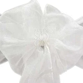 Organza chair sash with a white bow detail, ideal for enhancing event decor.