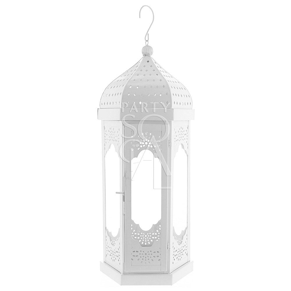 White Moroccan lantern with dome top and hook, ideal for event decor. Available in multiple sizes, candles not included.