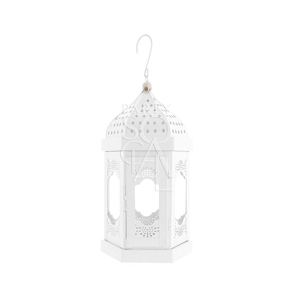 White Moroccan lantern with a hook and dome design, ideal for event decor. Available in various sizes; candles not included.