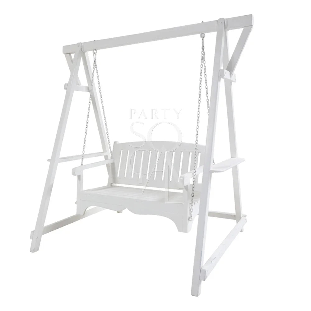 WHITE WOODEN SWING with chain, ideal for prop use, showcased with swing frame. Dimensions: 145cm L x 185cm W x 210cm H.