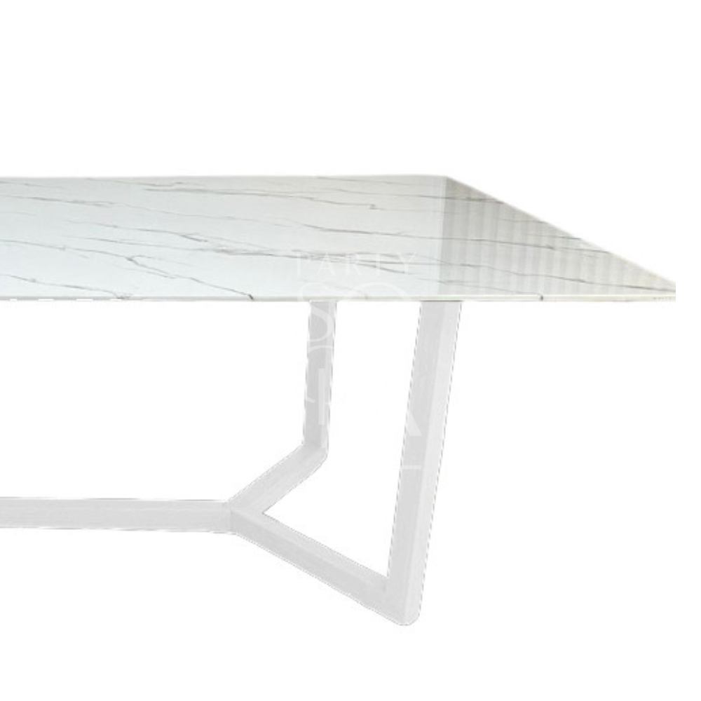 White marble top table with steel base, ideal for corporate and home events. Suitable for rental or purchase from Party Social.