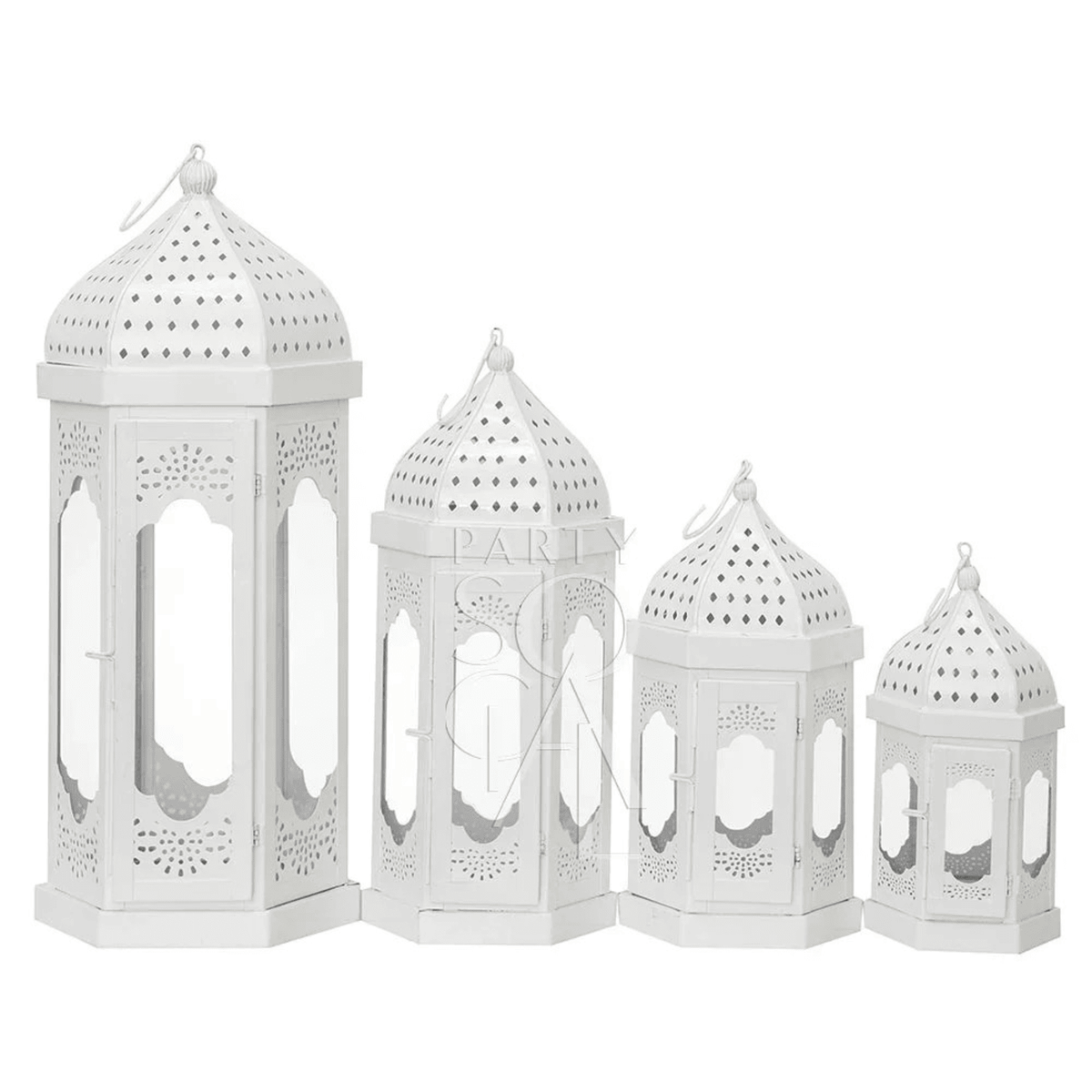 WHITE MOROCCAN LANTERNS with lit candles inside, showcasing various sizes suitable for event decor. Candles not included.