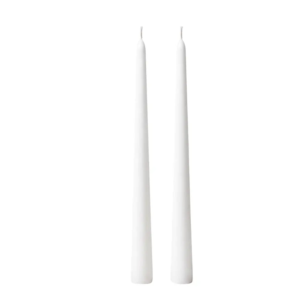 Two slim white taper candles standing upright side by side on a plain white background.