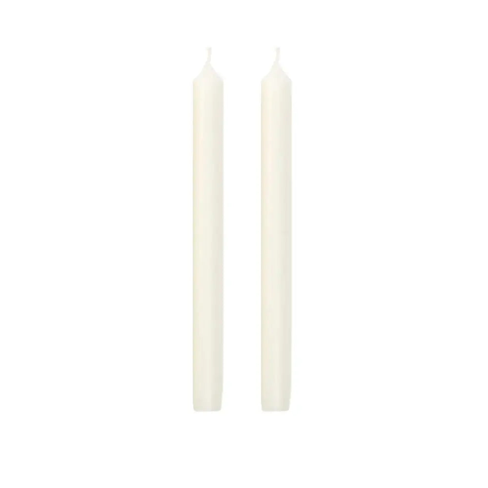 Two unlit white taper candles standing vertically side by side on a plain white background.
