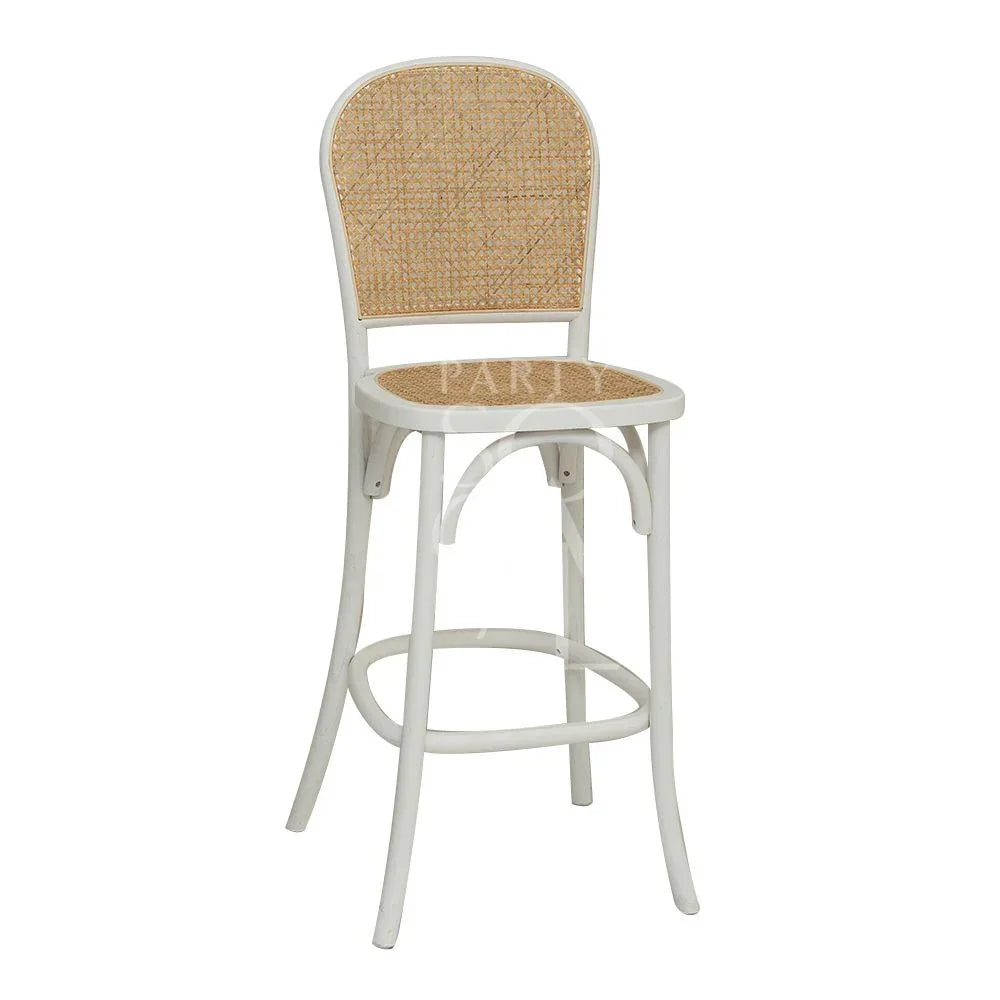 Wood Rattan Stool with wicker seat, ideal for weddings and events, showcasing a natural, vintage aesthetic. Perfect for pairing with wooden tables.