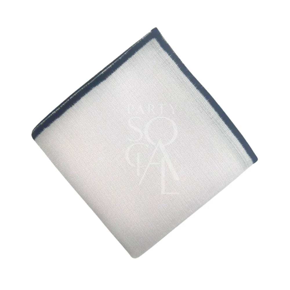 NAPKIN WHITE W/ LINE featuring a white linen blend with a blue border, suitable for events, customizable with a stitched logo for special occasions.