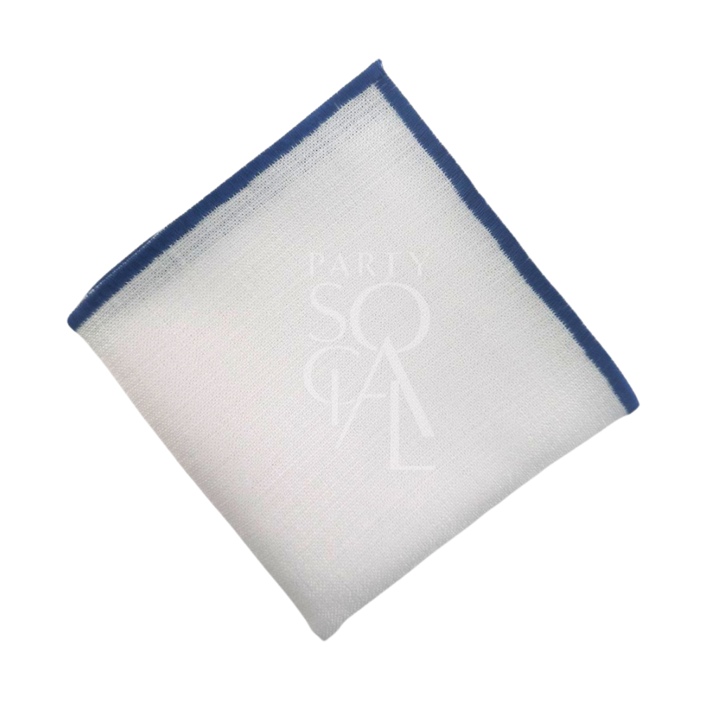 NAPKIN WHITE W/ LINE: A stylish white linen blend napkin with blue lining, ideal for elevating event table settings. Suitable for personalization at Party Social.