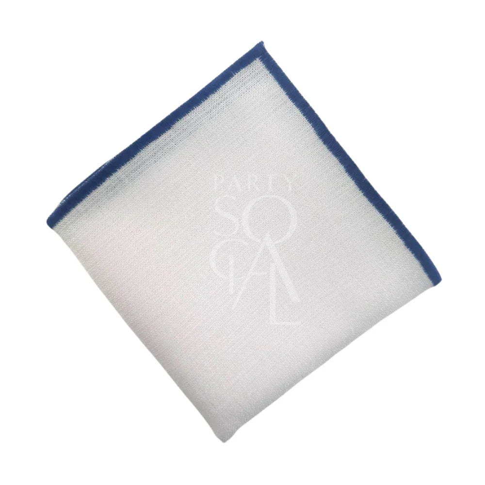 NAPKIN WHITE W/ LINE: A white linen blend napkin with blue lining, ideal for events and customizable with a stitched logo for personal occasions.