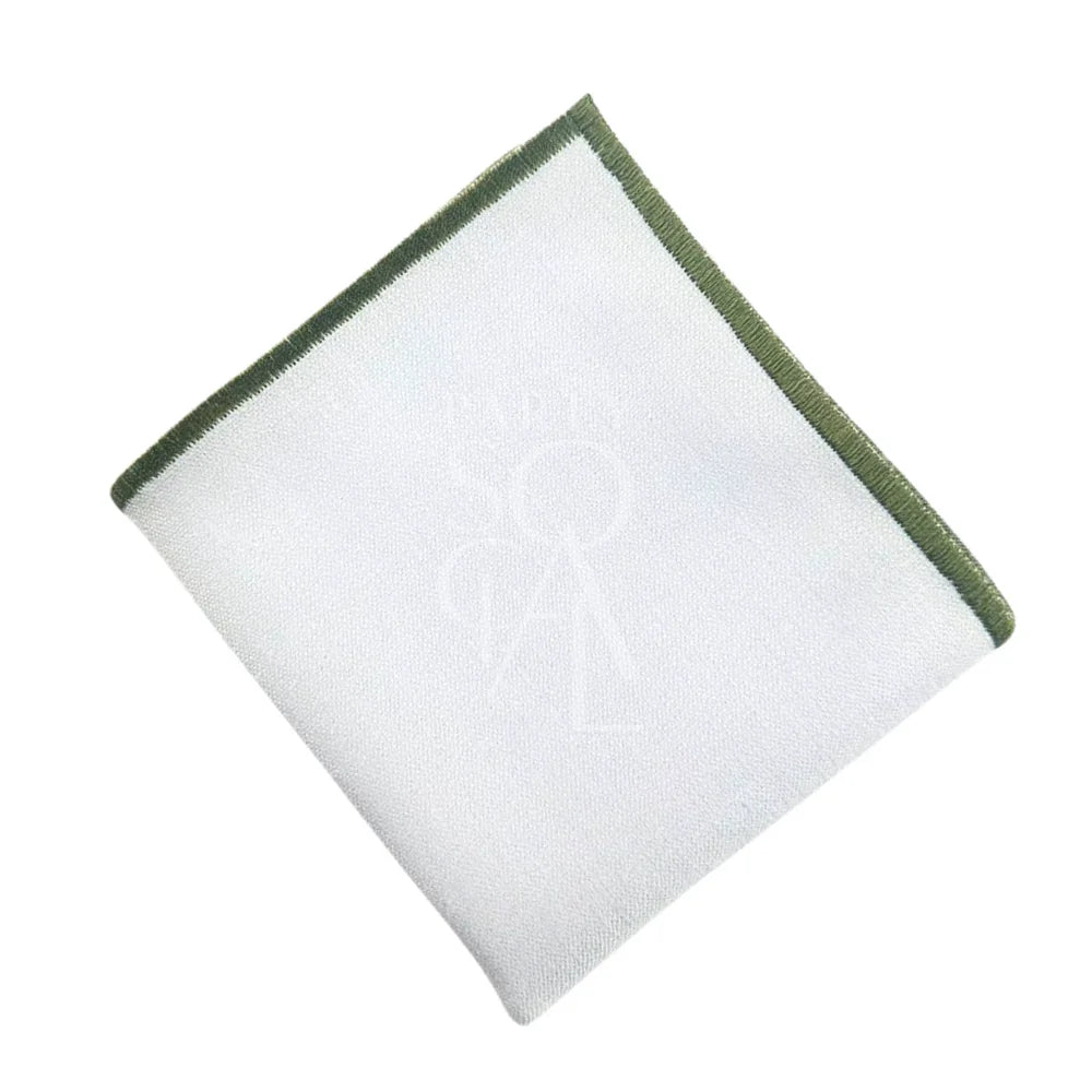 NAPKIN WHITE W/ LINE, a stylish white and green linen blend napkin, ideal for enhancing any event setting, available for personalization through Party Social.