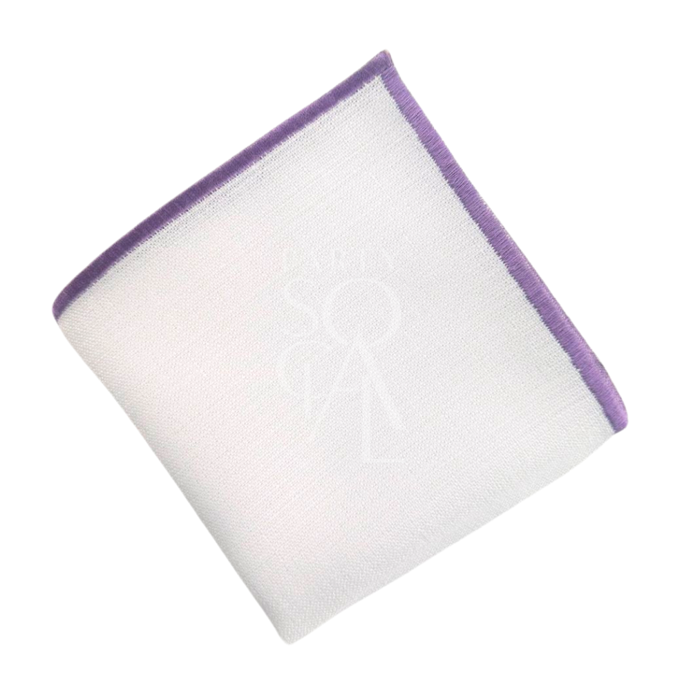 NAPKIN WHITE W/ LINE: A white linen blend napkin with purple accents, ideal for personalizing events like weddings or corporate gatherings.