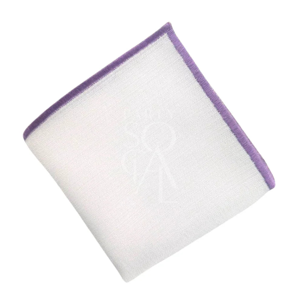 NAPKIN WHITE W/ LINE: A white linen blend napkin with purple accents, ideal for personalizing events like weddings or corporate gatherings.