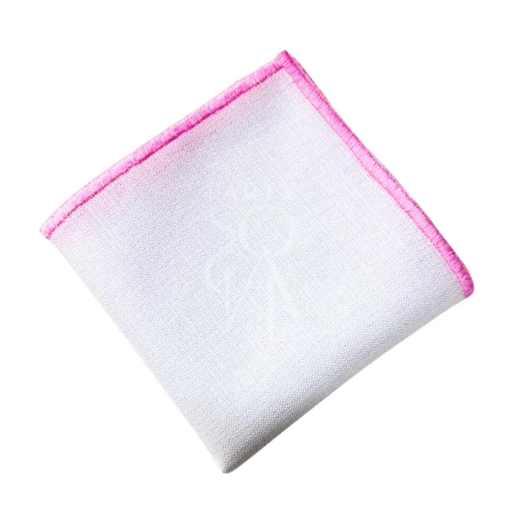 NAPKIN WHITE W/ LINE: A white linen blend napkin with pink edging, suitable for events, featuring an optional stitched logo for customization.