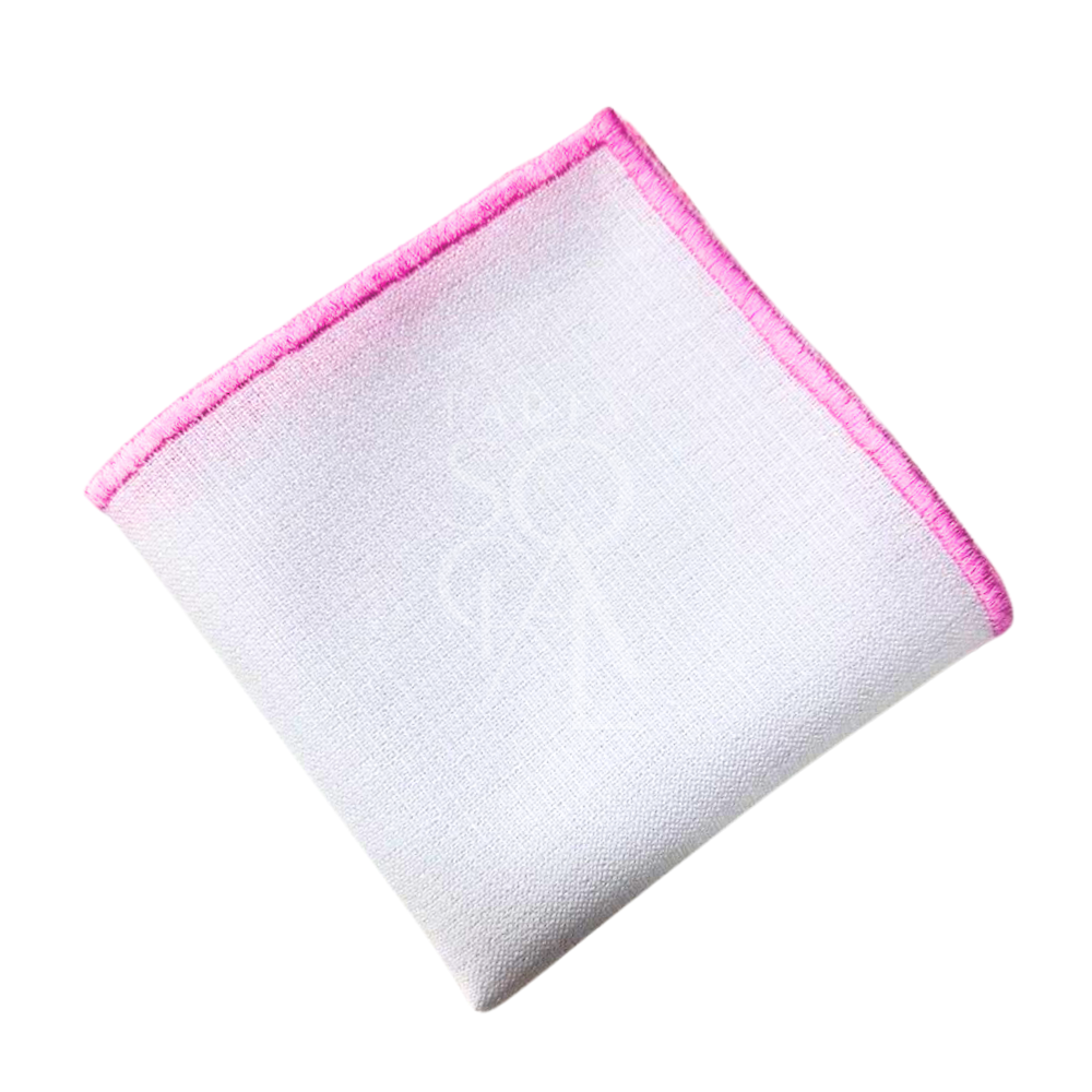 NAPKIN WHITE W/ LINE: A white and pink linen blend napkin with a stitched logo, ideal for personalizing events like weddings or corporate functions.