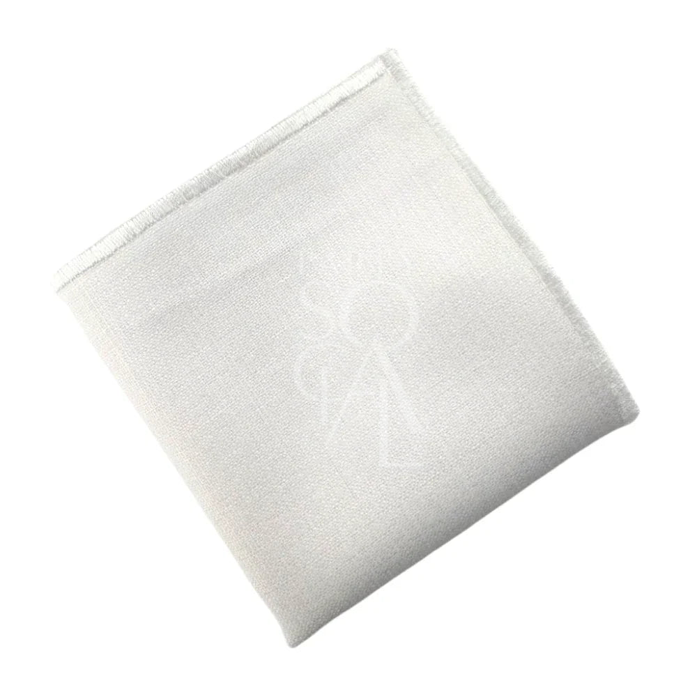 White linen napkin with a stitched logo, ideal for events. Suitable for personalisation, perfect for weddings, dinners, or corporate gatherings.