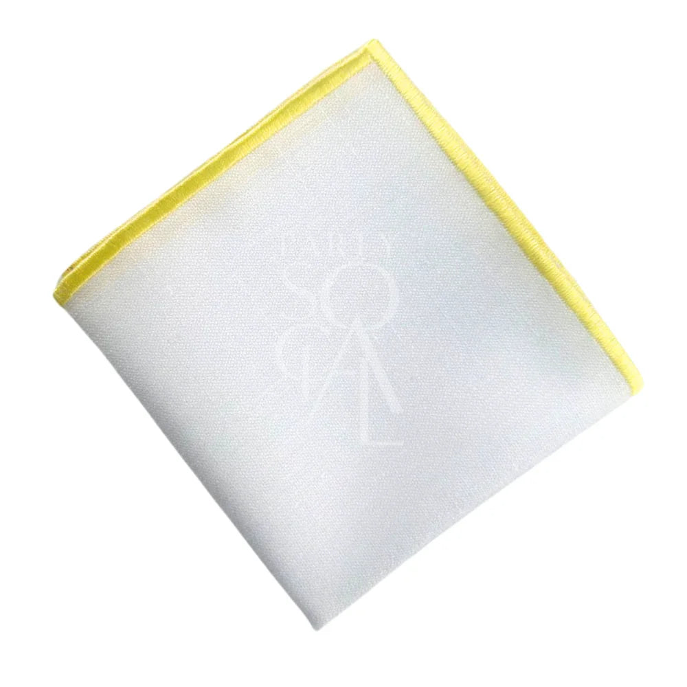 NAPKIN WHITE W/ LINE: A white linen blend napkin with yellow lining, suitable for various events, customizable with a stitched logo for occasions like weddings or corporate functions.