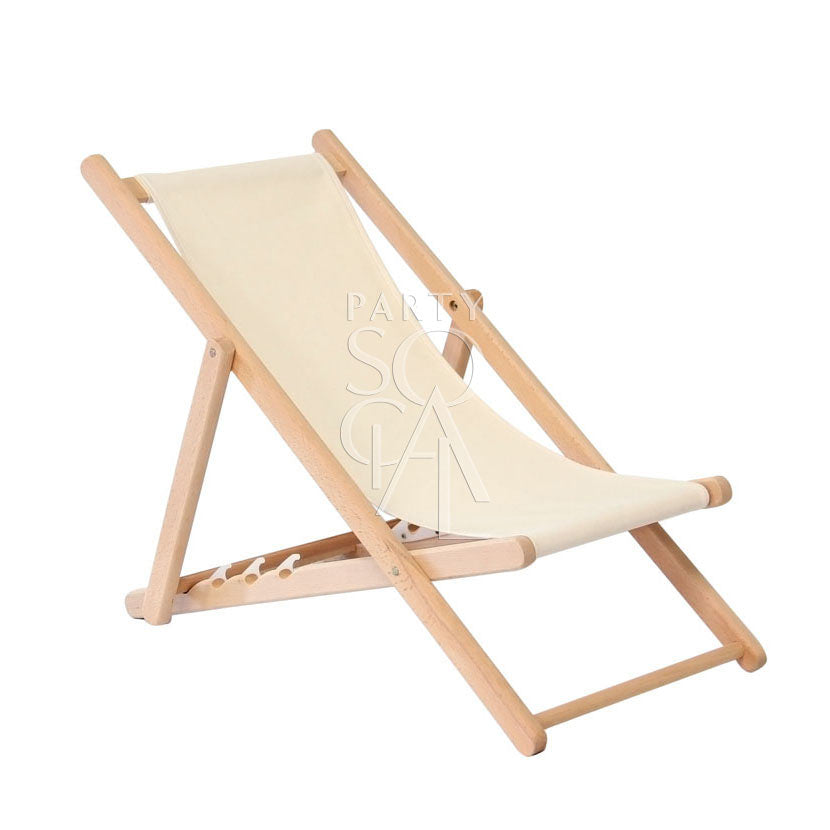 WOODEN DECKCHAIRS with white fabric and wooden legs, ideal for beach or backyard events, enhancing the viewing experience with a cinema screen. Suitable for all ages.
