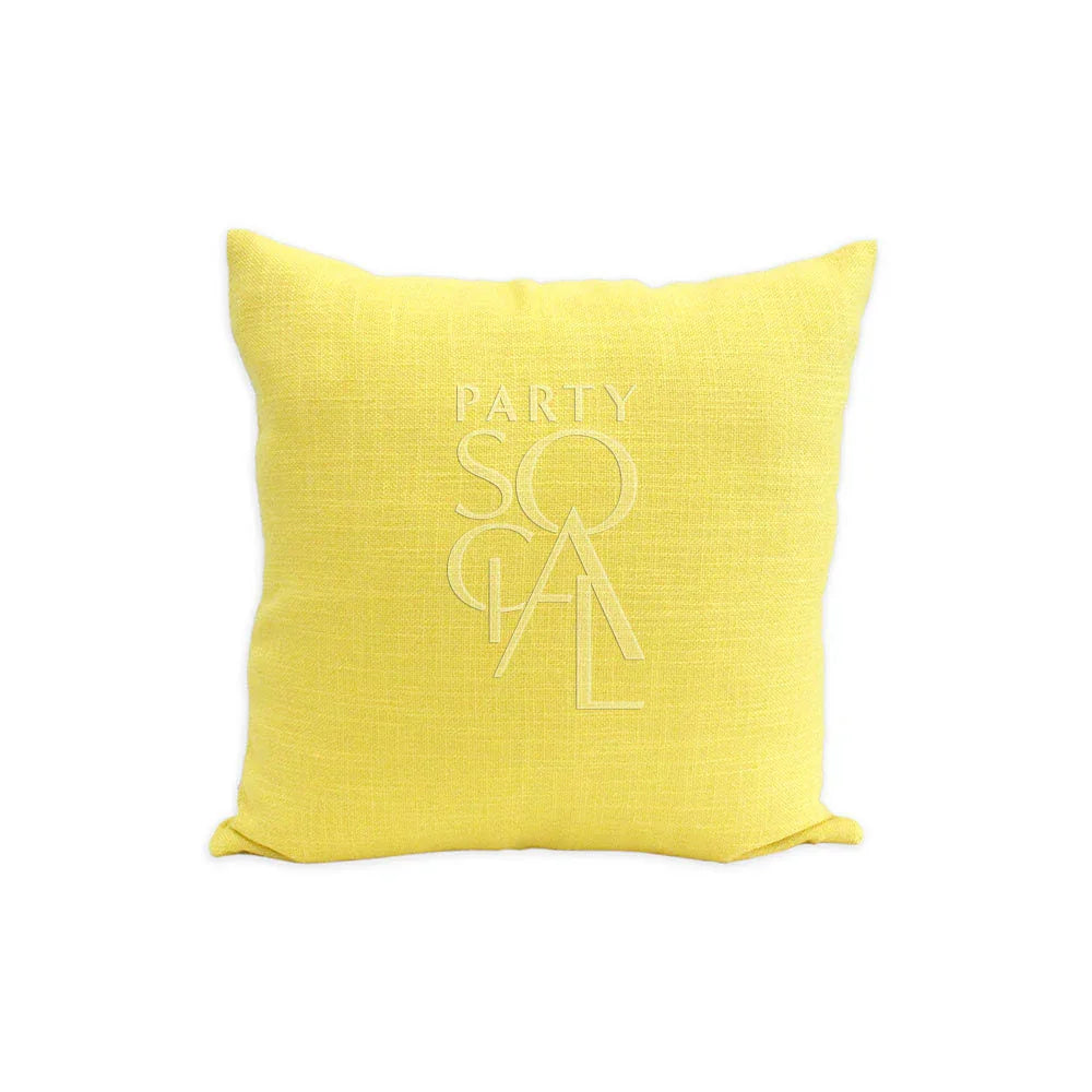 CUSHION COVER LINEN WEAVE: Yellow pillow featuring white text, crafted from premium linen fabric, ideal for enhancing event decor with a touch of elegance.
