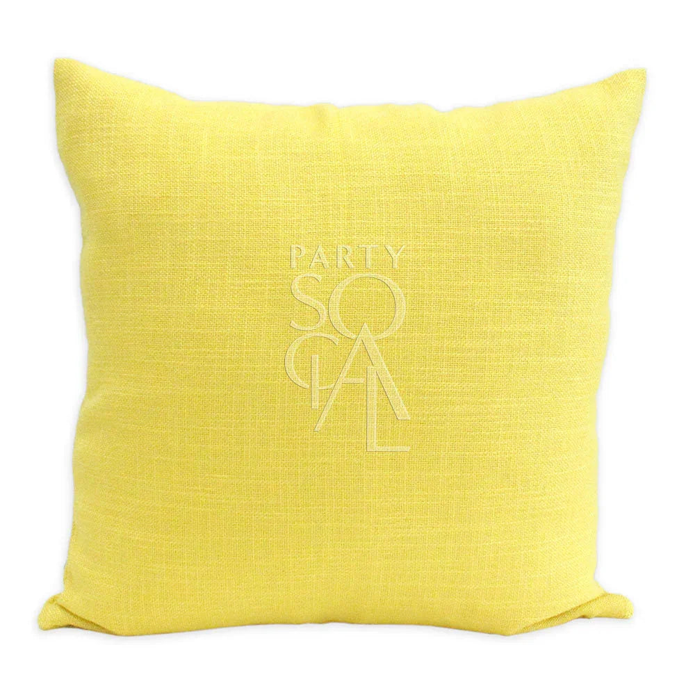 CUSHION COVER LINEN WEAVE: Yellow pillow with a logo, crafted from premium linen weave fabric, ideal for enhancing event decor with style and comfort.