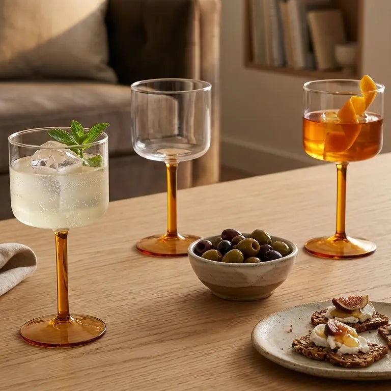 Set of wine glasses with different drinks on a wooden table.
