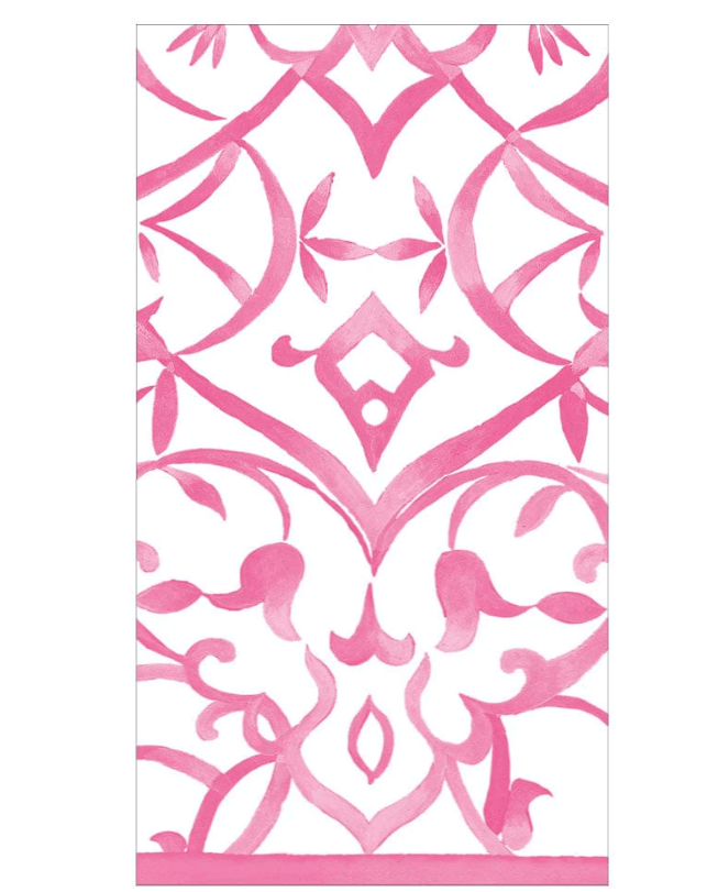 Algarve Guest Towel Napkins - 15pcs per package, featuring a striking pink and white pattern, perfect for elevating any occasion. Made of triple-ply tissue with environmentally-conscious materials. Biodegradable and compostable.