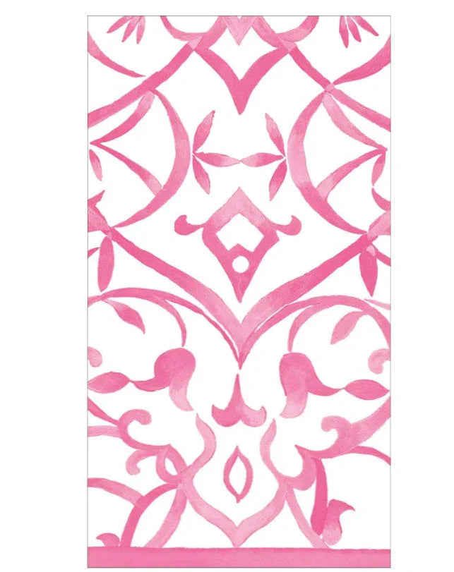 Algarve Guest Towel Napkins - 15pcs per package, featuring a striking pink and white pattern, perfect for elevating any occasion. Made of triple-ply tissue with environmentally-conscious materials. Biodegradable and compostable.