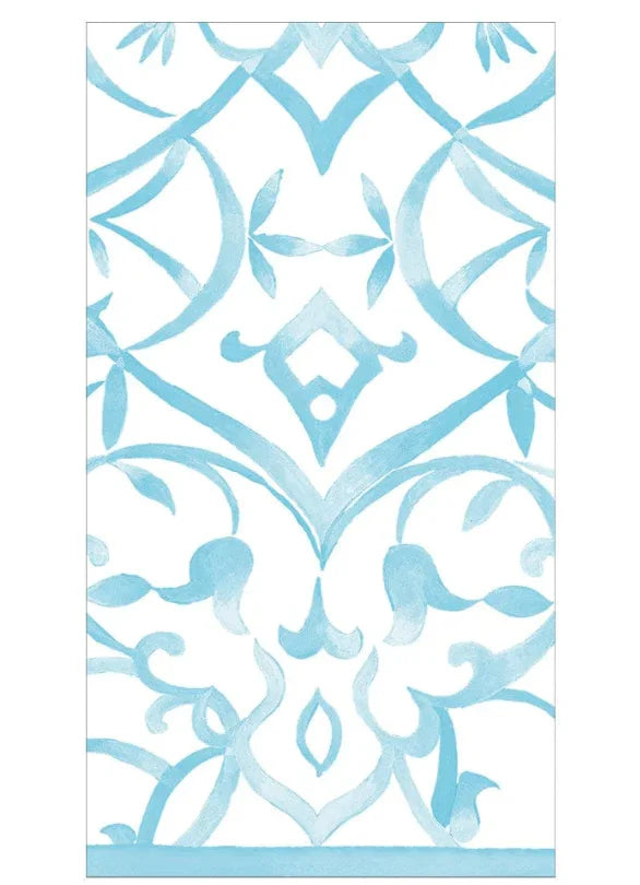 Blue and white patterned Algarve Guest Towel Napkins - 15pcs per package, made of triple-ply tissue. Elevate any occasion with these durable and eco-friendly napkins from Party Social.