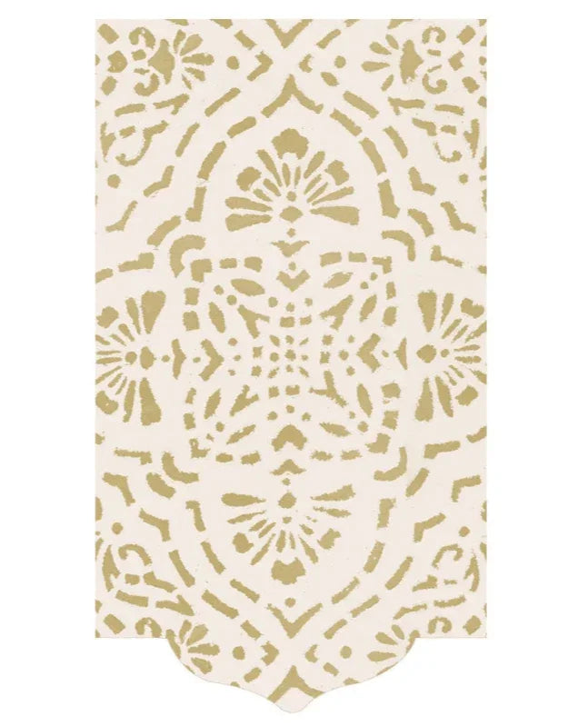 A close-up of Annika Cocktail Napkins featuring a white and gold patterned surface, adding striking design and durability to any occasion. 20 napkins per package.