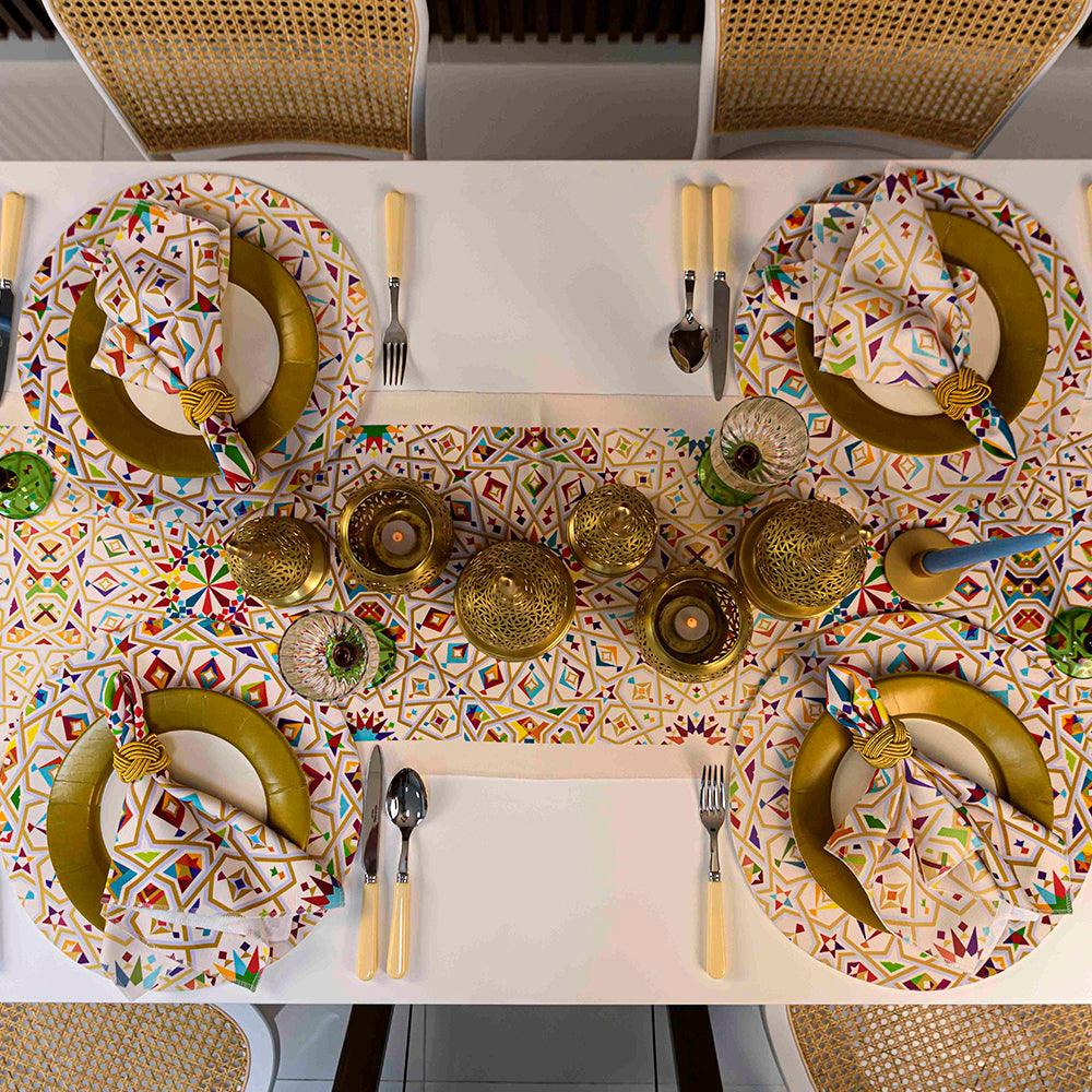 Arabesque Polyester Linen Placemat set with elegant tableware and cutlery.