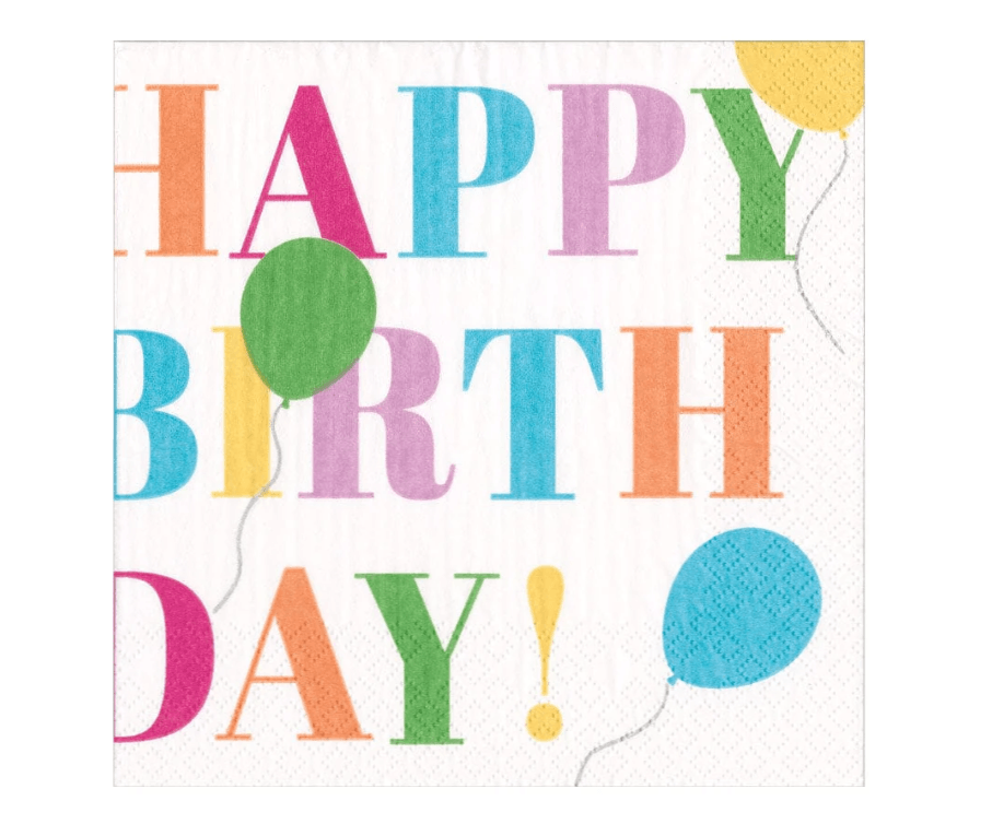 Caspari Birthday Surprise Cocktail Napkins with festive balloon design. Triple-ply, eco-friendly, and biodegradable. 20 napkins per package.