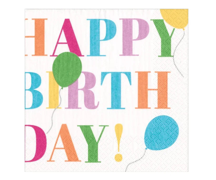 Caspari Birthday Surprise Cocktail Napkins with festive balloon design. Triple-ply, eco-friendly, and biodegradable. 20 napkins per package.