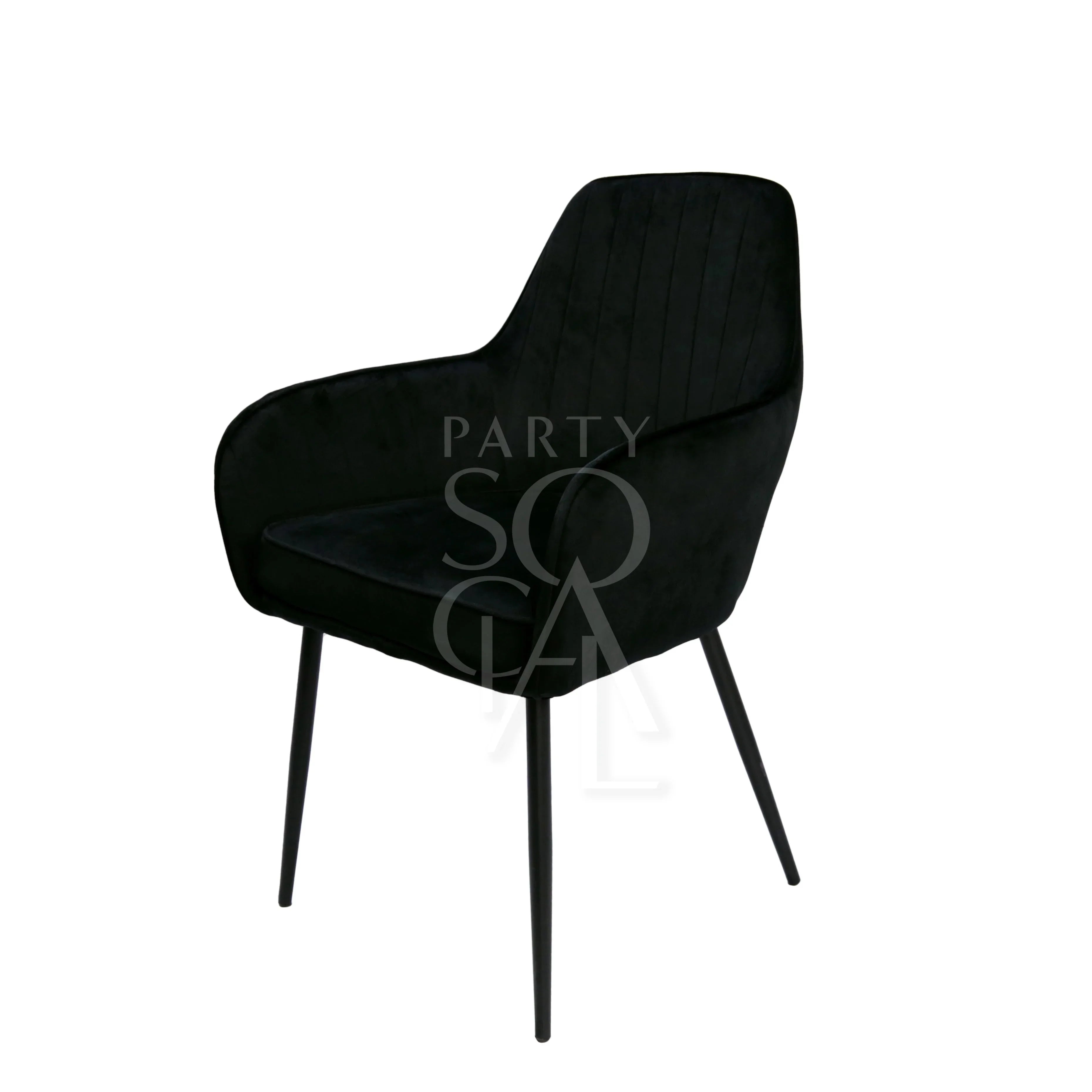 VELVET CHAIR BLACK: A modern velvet fabric chair with sleek black legs, ideal for weddings and corporate events, available at Party Social.