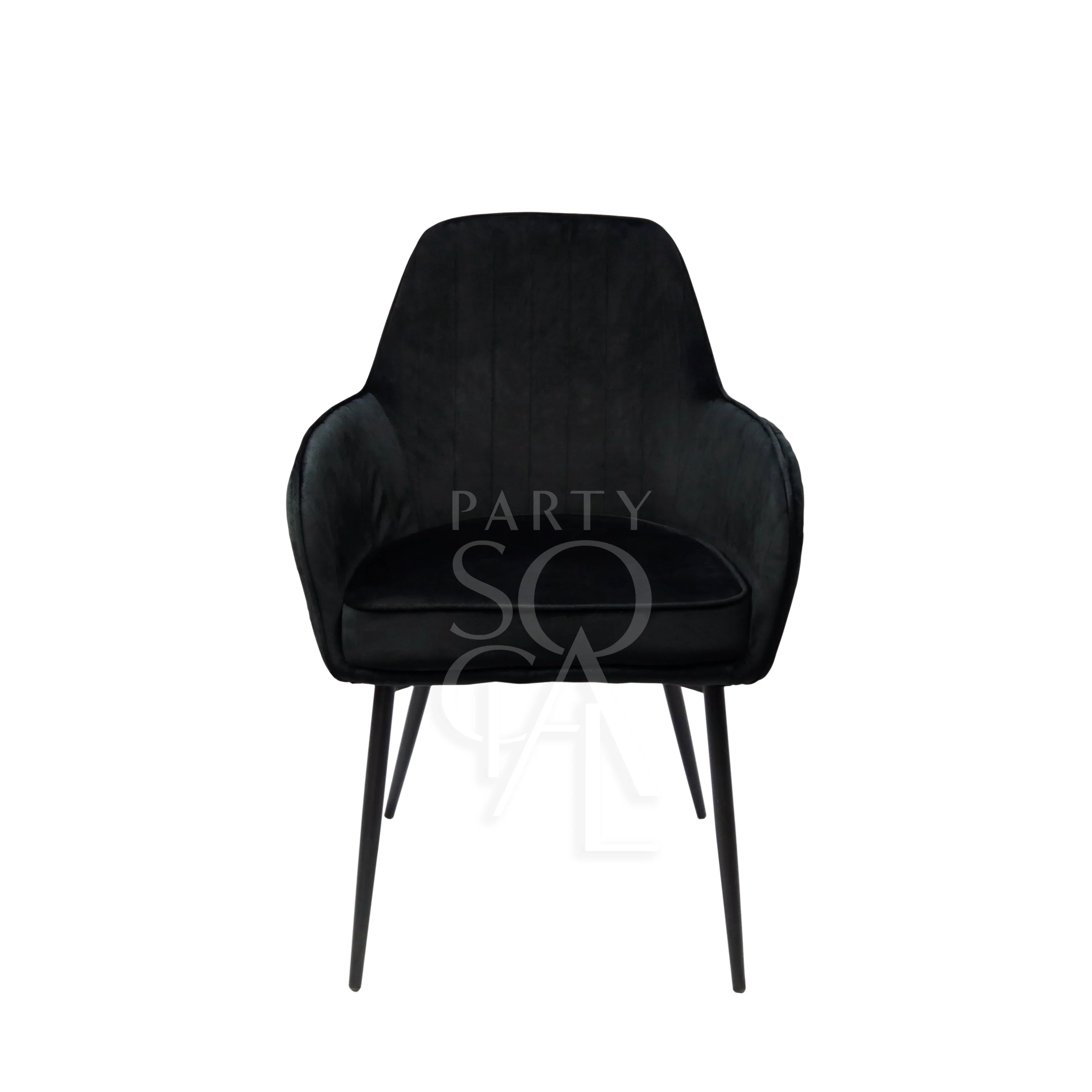 VELVET CHAIR BLACK with sleek metal legs, ideal for weddings and corporate events, reflecting modern elegance and versatility for various occasions.