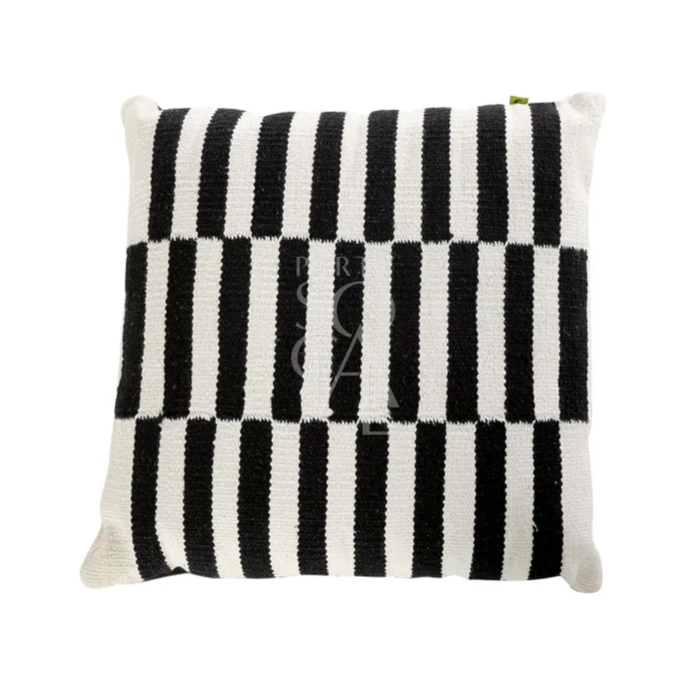 CUSHION BOHO COVER: Black and white striped throw pillow in premium satin, ideal for enhancing event decor with a touch of modern elegance.